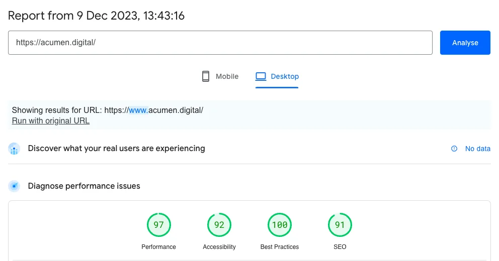 PageSpeed Scored for Acumen Web Desktop